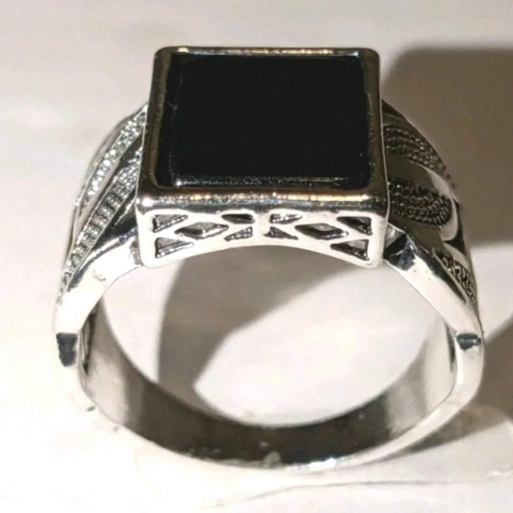 14k White gold Plated Over Sterling silver Turkish Gemstone Black Onyx Mens Ring